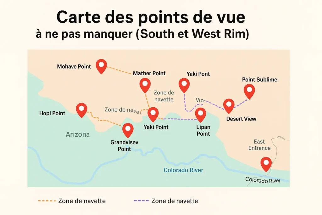 Carte des 10 plus beaux points de vue du Grand Canyon (South et West Rim)