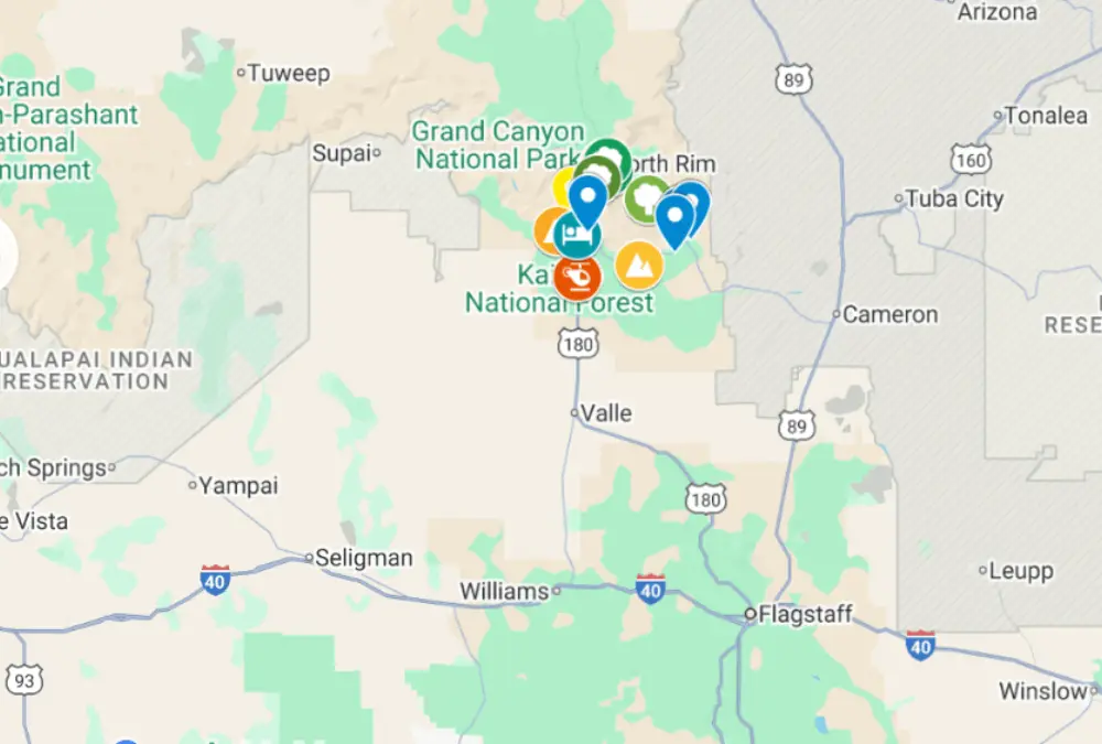 Carte du Grand Canyon USA â points de vue, routes et sentiers principaux (source : Google My Maps)