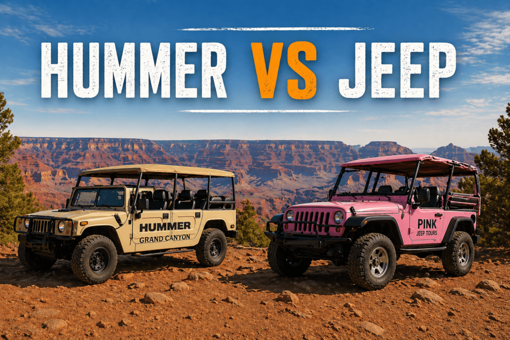 comparaison Hummer vs Jeep au Grand Canyon avec deux véhicules 4x4 face aux paysages du canyon