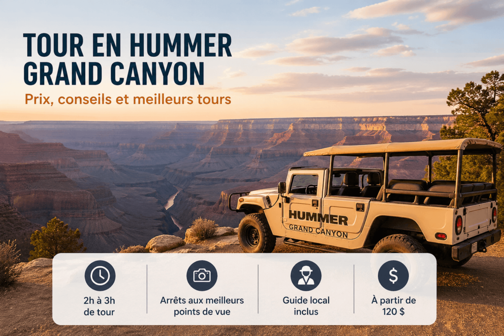 tour en Hummer au Grand Canyon avec vue sur le canyon et le fleuve Colorado au coucher du soleil