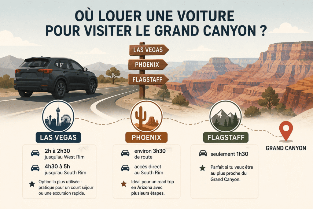 Infographie montrant où louer une voiture pour visiter le Grand Canyon depuis Las Vegas, Phoenix ou Flagstaff