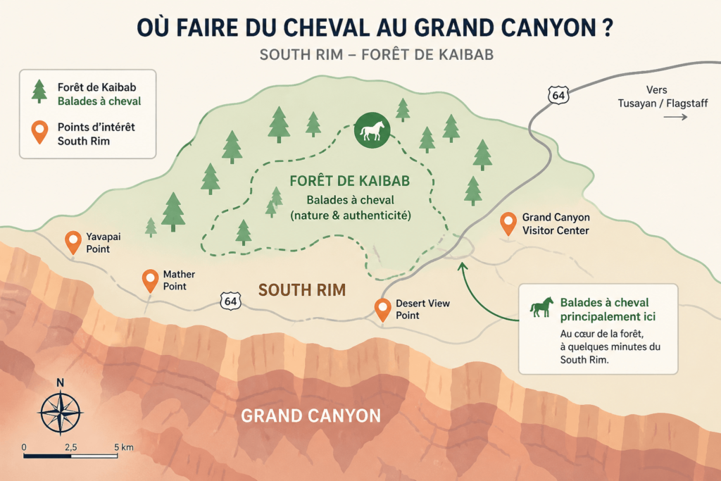 carte balade cheval grand canyon south rim foret kaibab points de vue mather point desert view