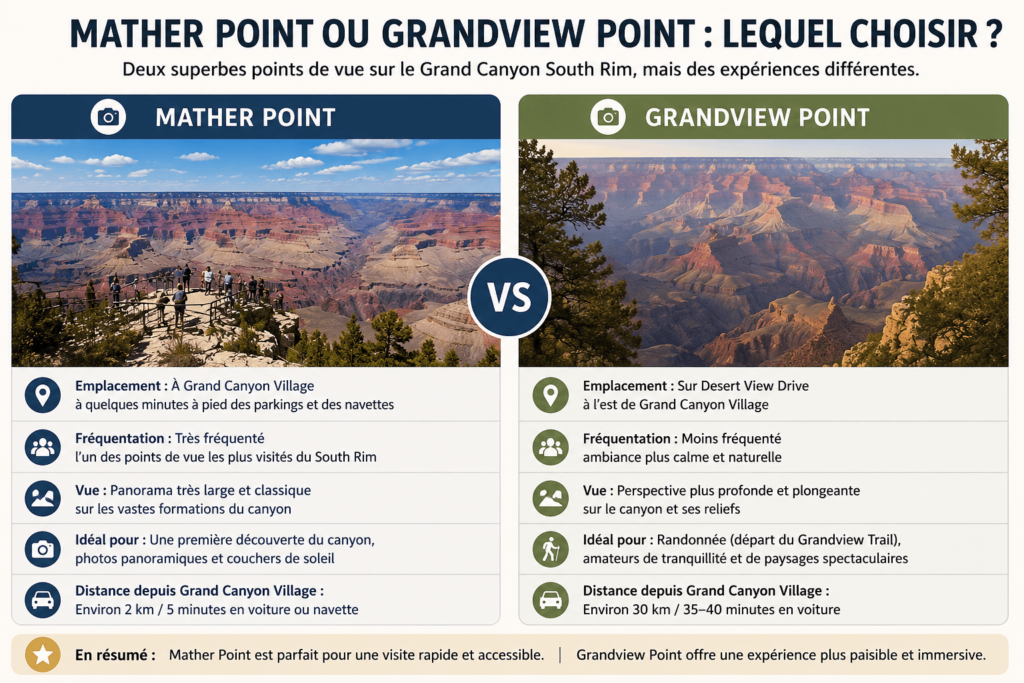 Comparaison entre Mather Point et Grandview Point au Grand Canyon South Rim