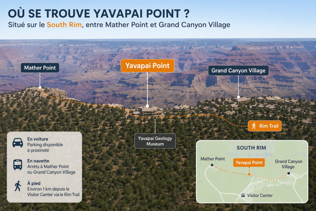 Carte de localisation de Yavapai Point sur le South Rim du Grand Canyon entre Mather Point et Grand Canyon Village